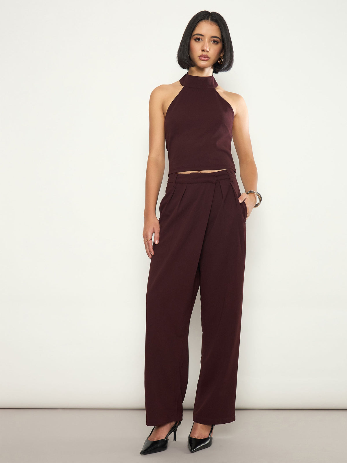 Burgundy Halter Neck Top -SASSAFRAS