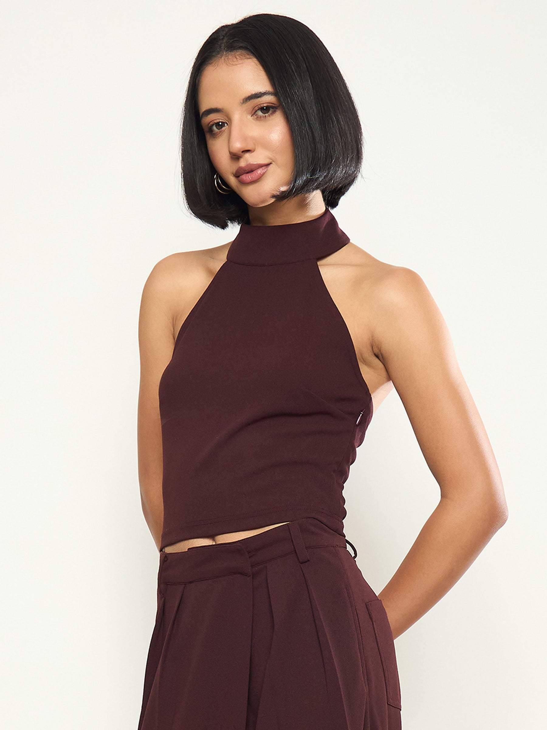 Burgundy Halter Neck Top -SASSAFRAS