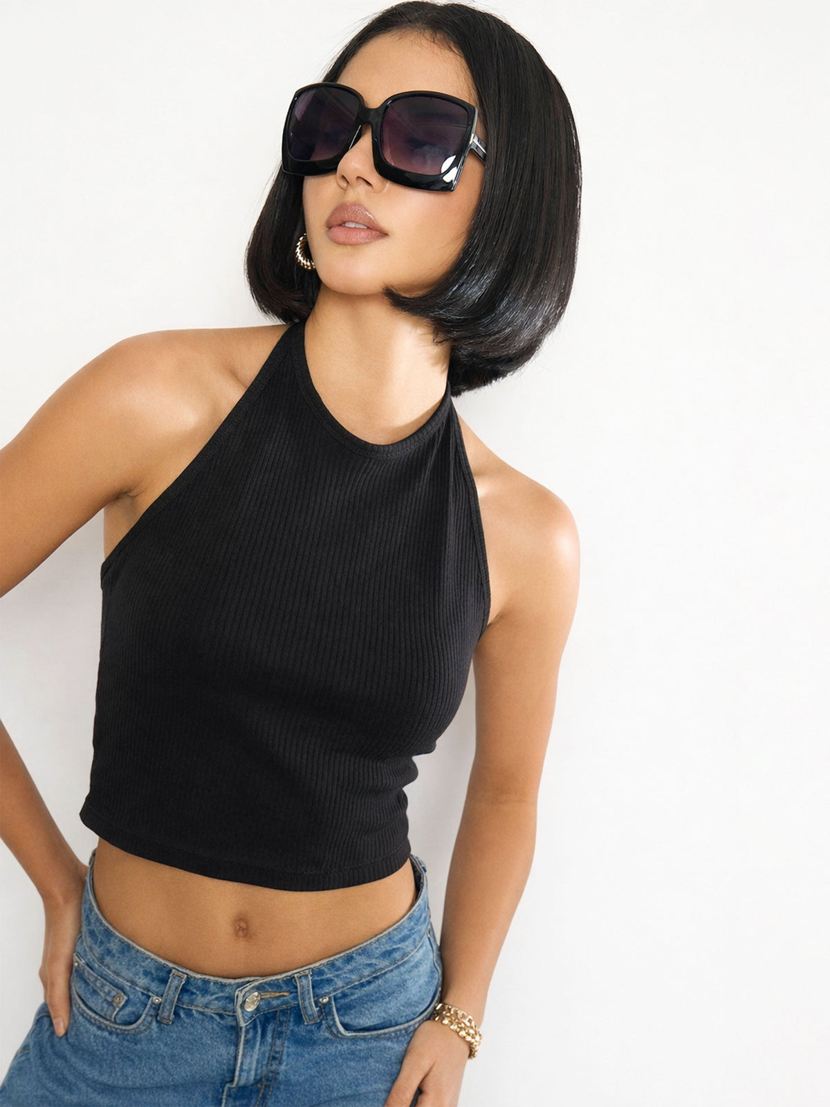 Black Rib Halter Neck Crop Top-SASSAFRAS 