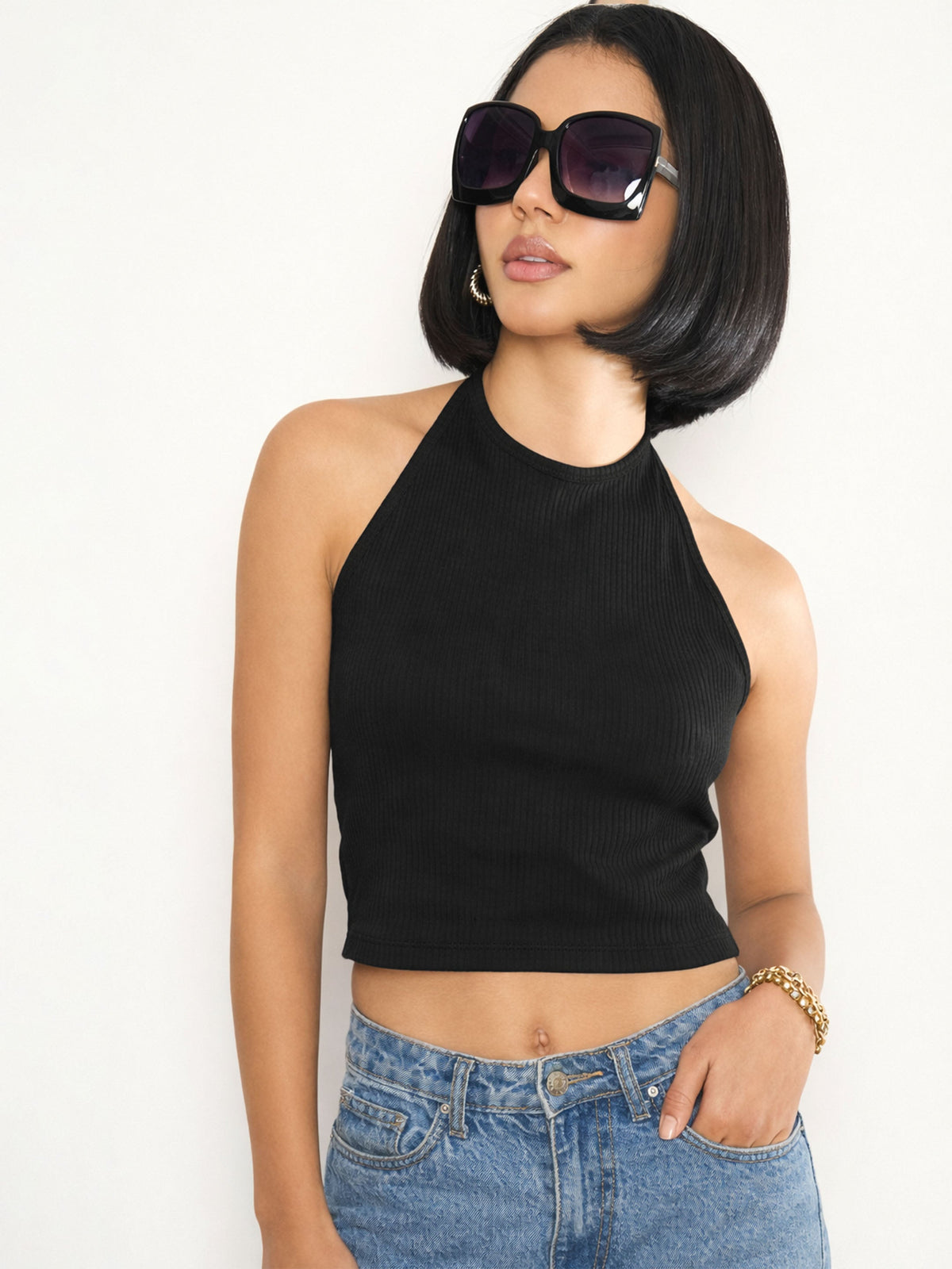 Black Rib Halter Neck Crop Top-SASSAFRAS 