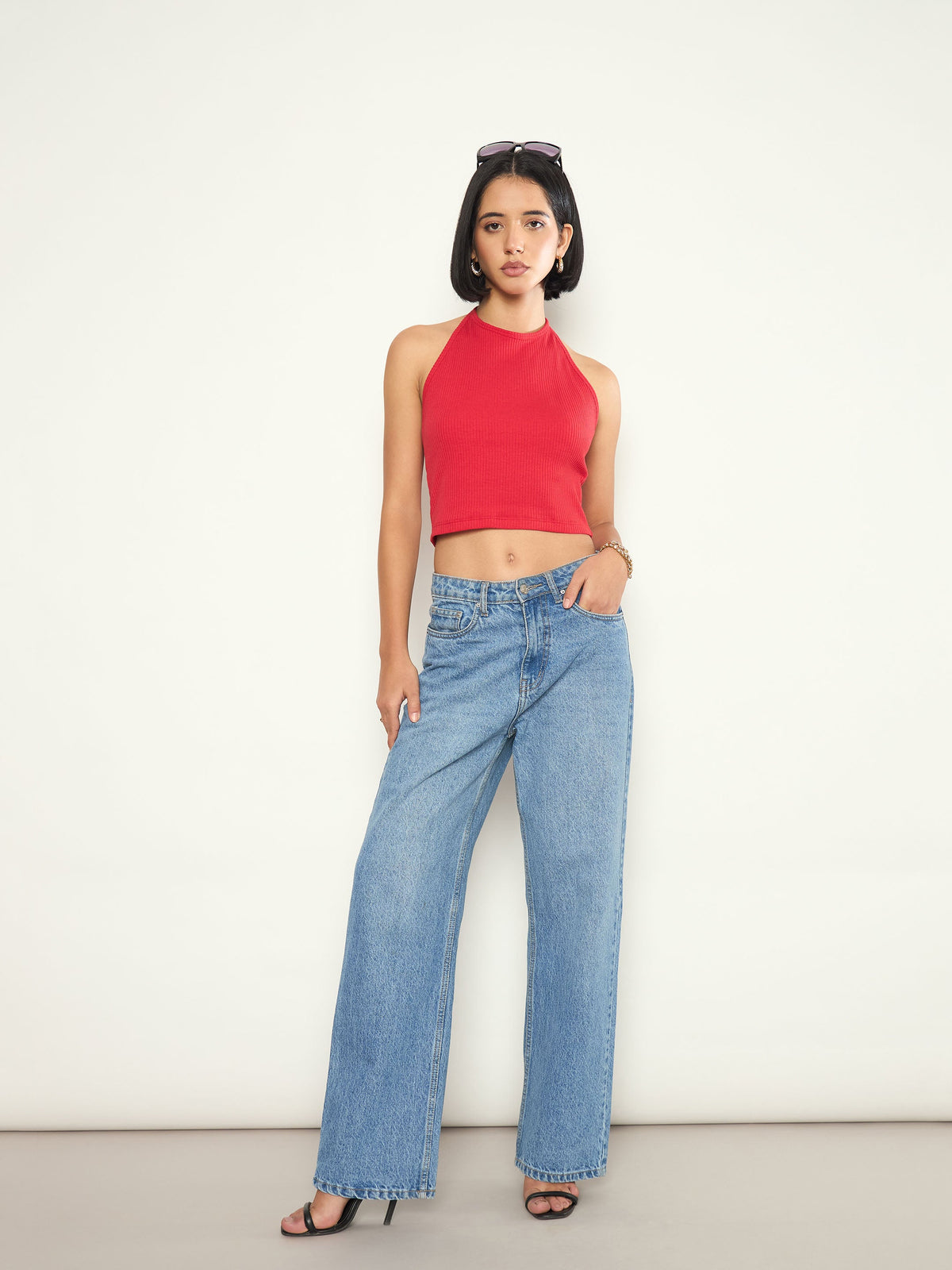 Red Rib Halter Neck Crop Top-SASSAFRAS 