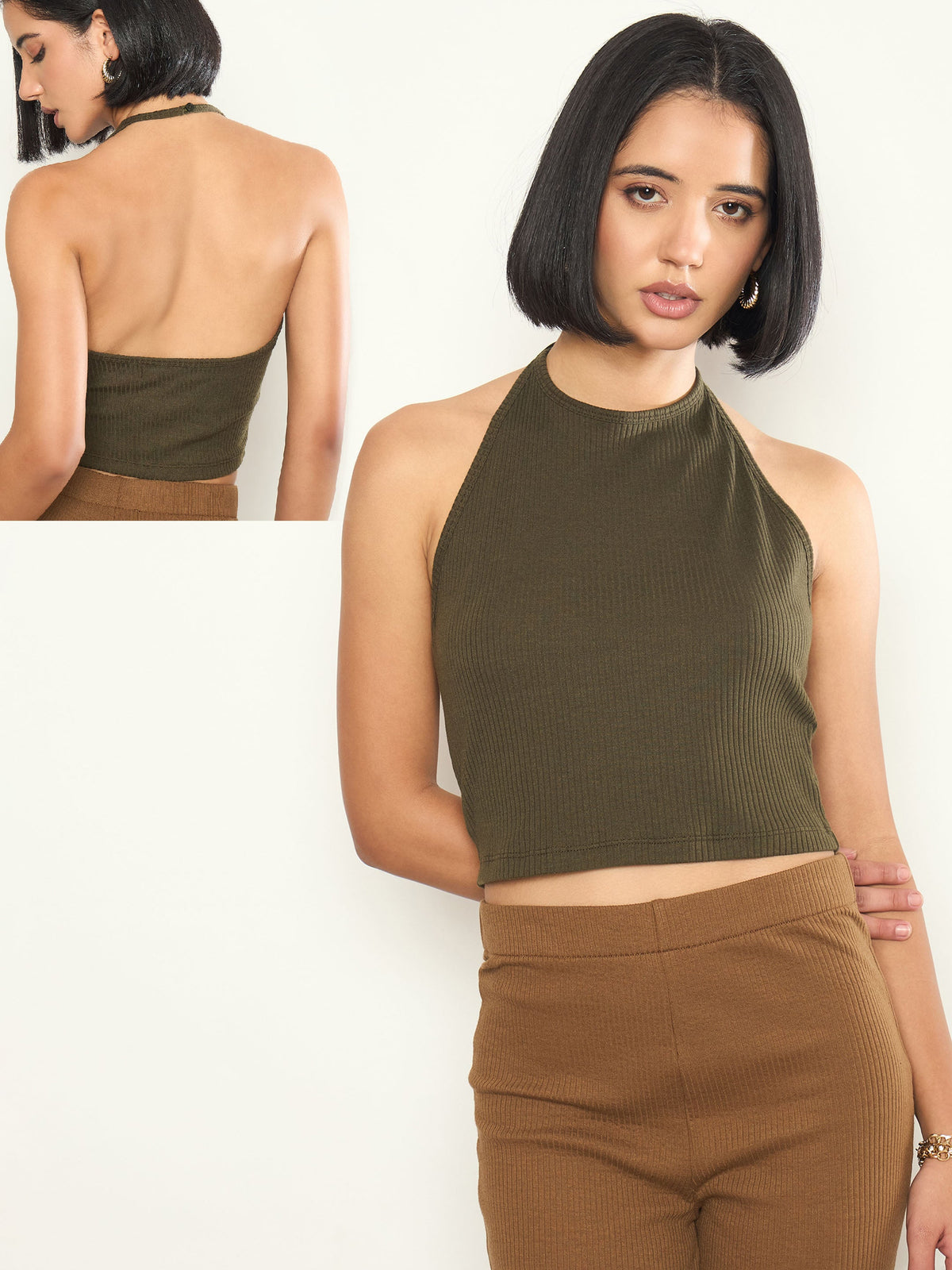 Olive Rib Halter Neck Crop Top-SASSAFRAS 