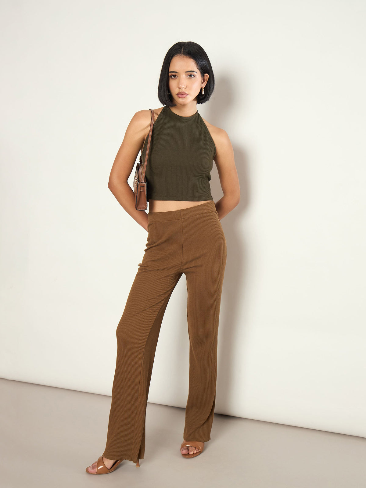 Olive Rib Halter Neck Crop Top-SASSAFRAS 