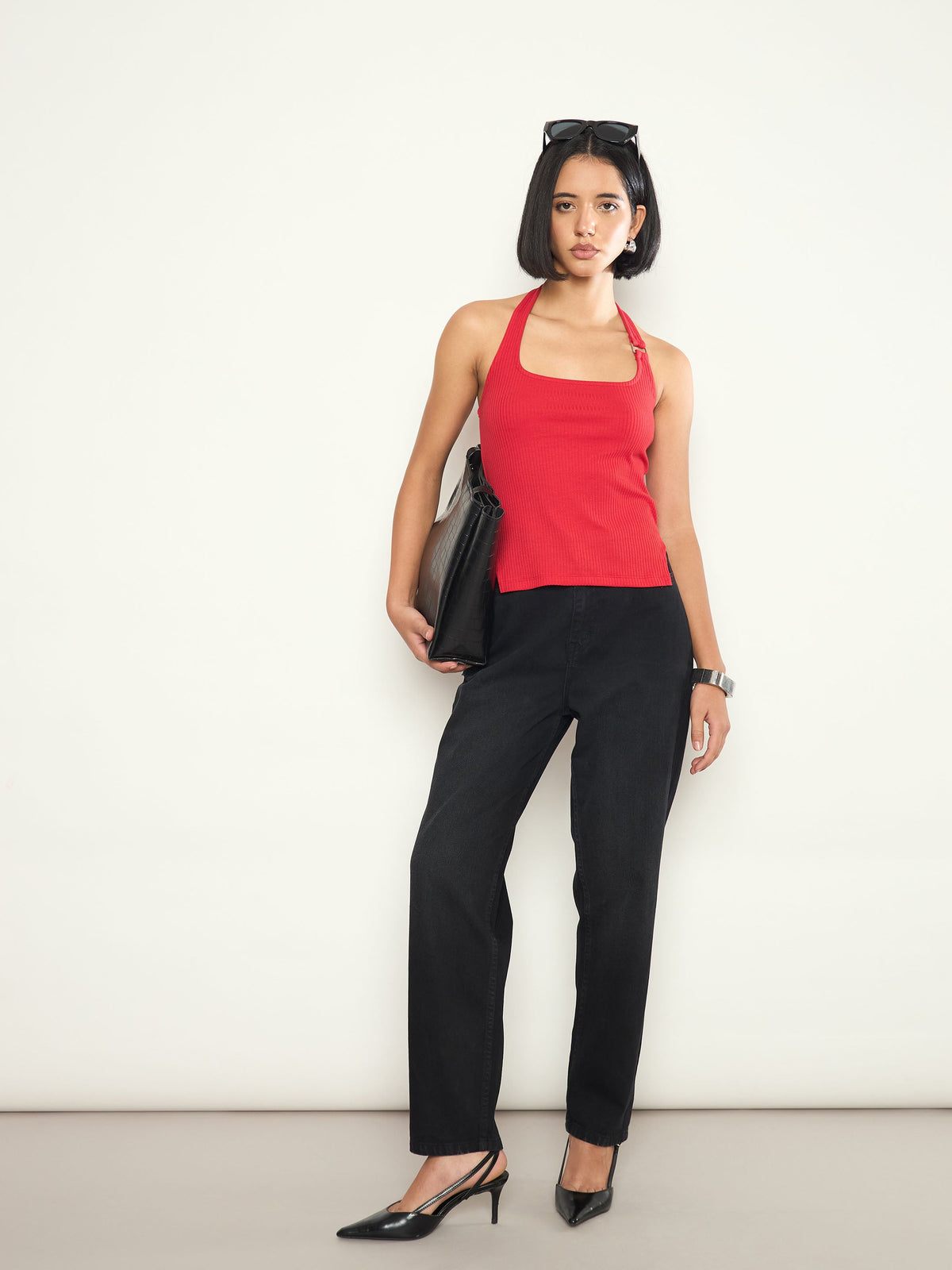 Red Rib Halter Neck With Metal Buckle Top-SASSAFRAS 