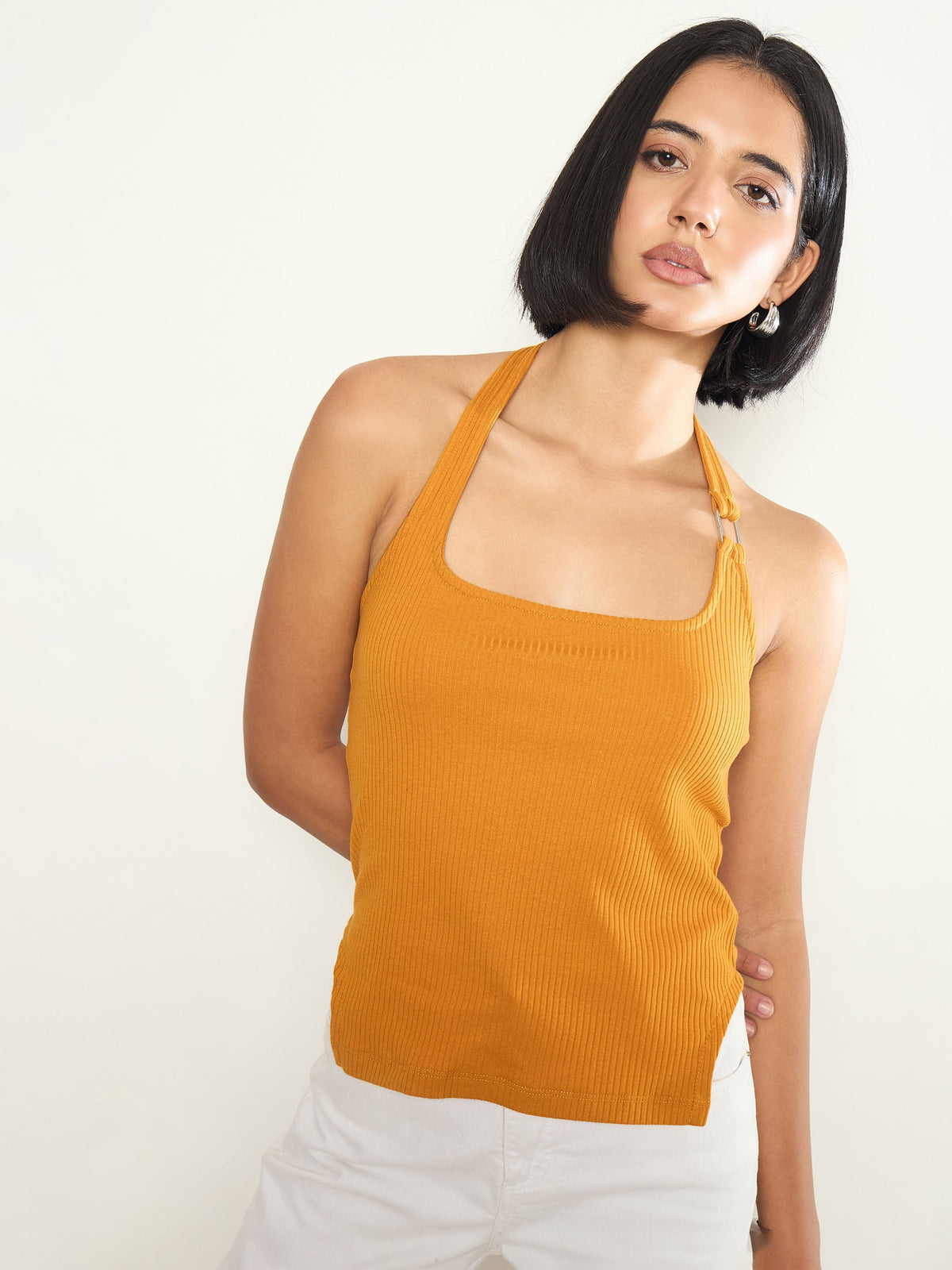 Mustard Rib Halter Neck With Metal Buckle Top-SASSAFRAS 