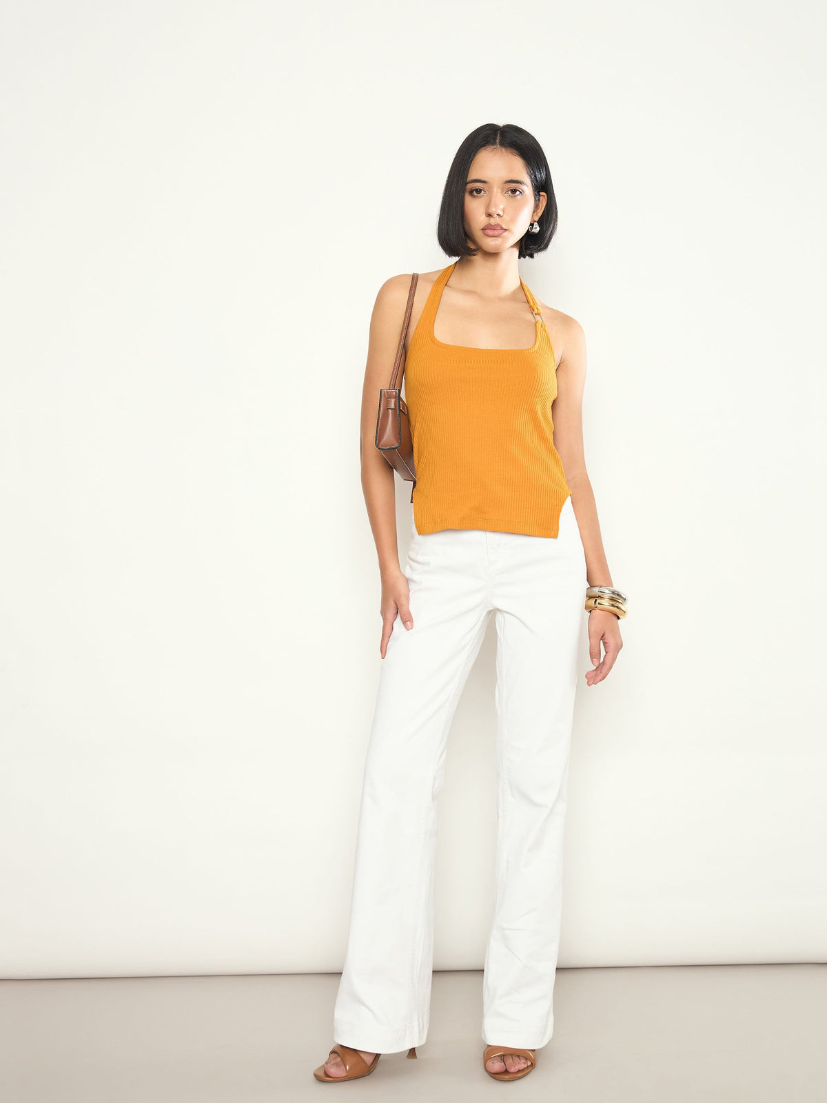 Mustard Rib Halter Neck With Metal Buckle Top-SASSAFRAS 