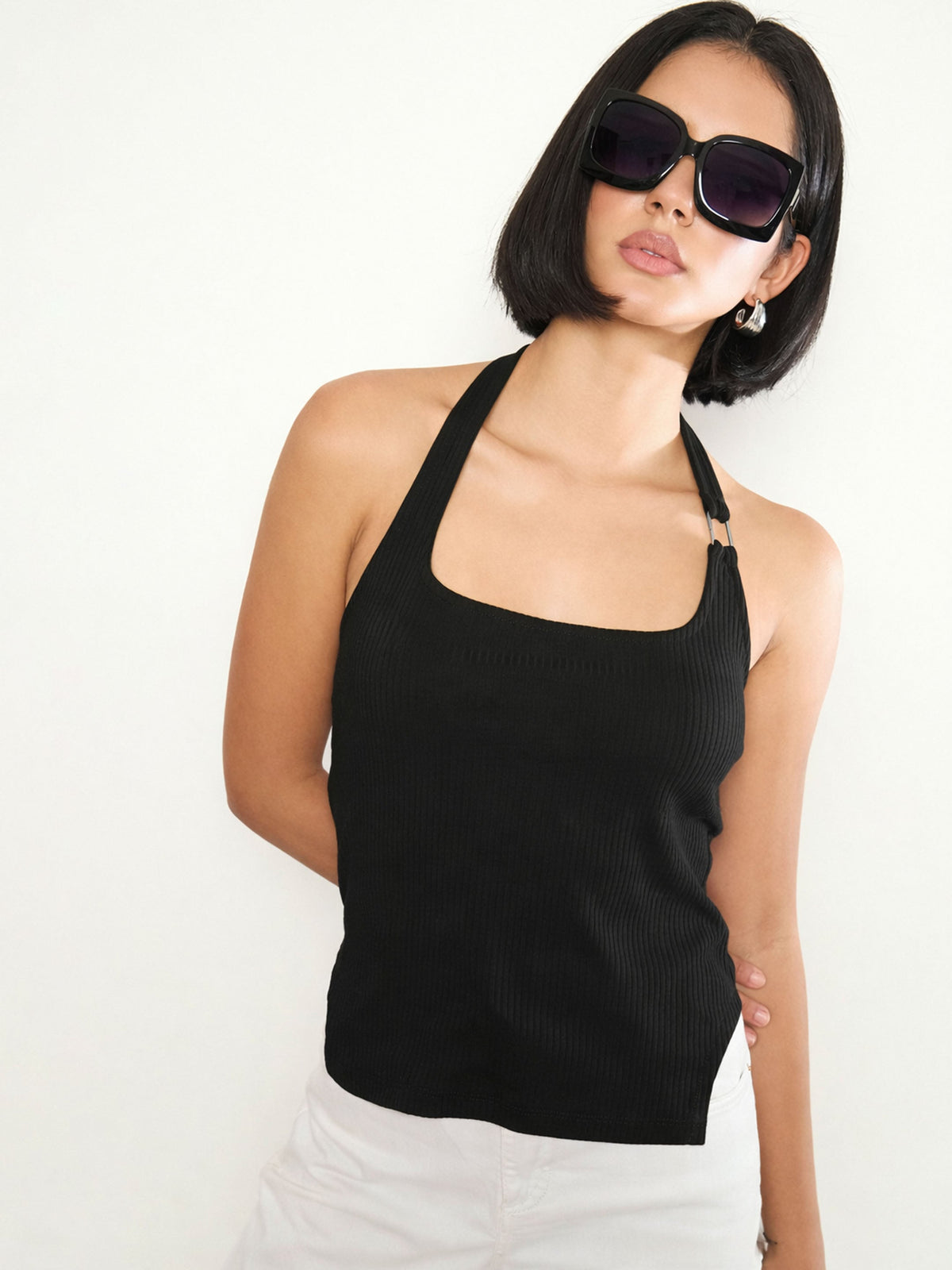 Black Rib Halter Neck With Metal Buckle Top-SASSAFRAS 