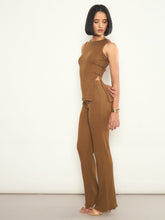 Tan Rib Sleeveless Side Slit Top With Elasticated Track Pants-SASSAFRAS