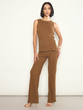 Tan Rib Sleeveless Side Slit Top With Elasticated Track Pants-SASSAFRAS
