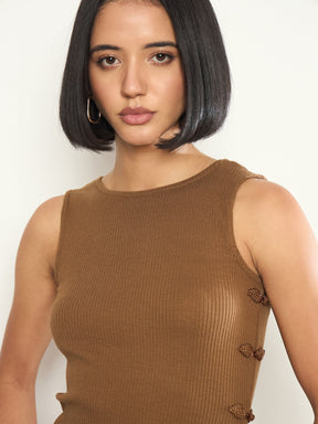 Tan Rib Sleeveless Side Slit Top With Elasticated Track Pants-SASSAFRAS