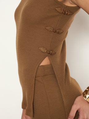 Tan Rib Sleeveless Side Slit Top With Elasticated Track Pants-SASSAFRAS