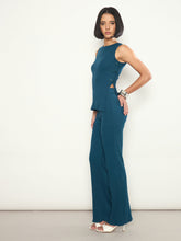 Teal Rib Sleeveless Side Slit Top With Elasticated Track Pants-SASSAFRAS
