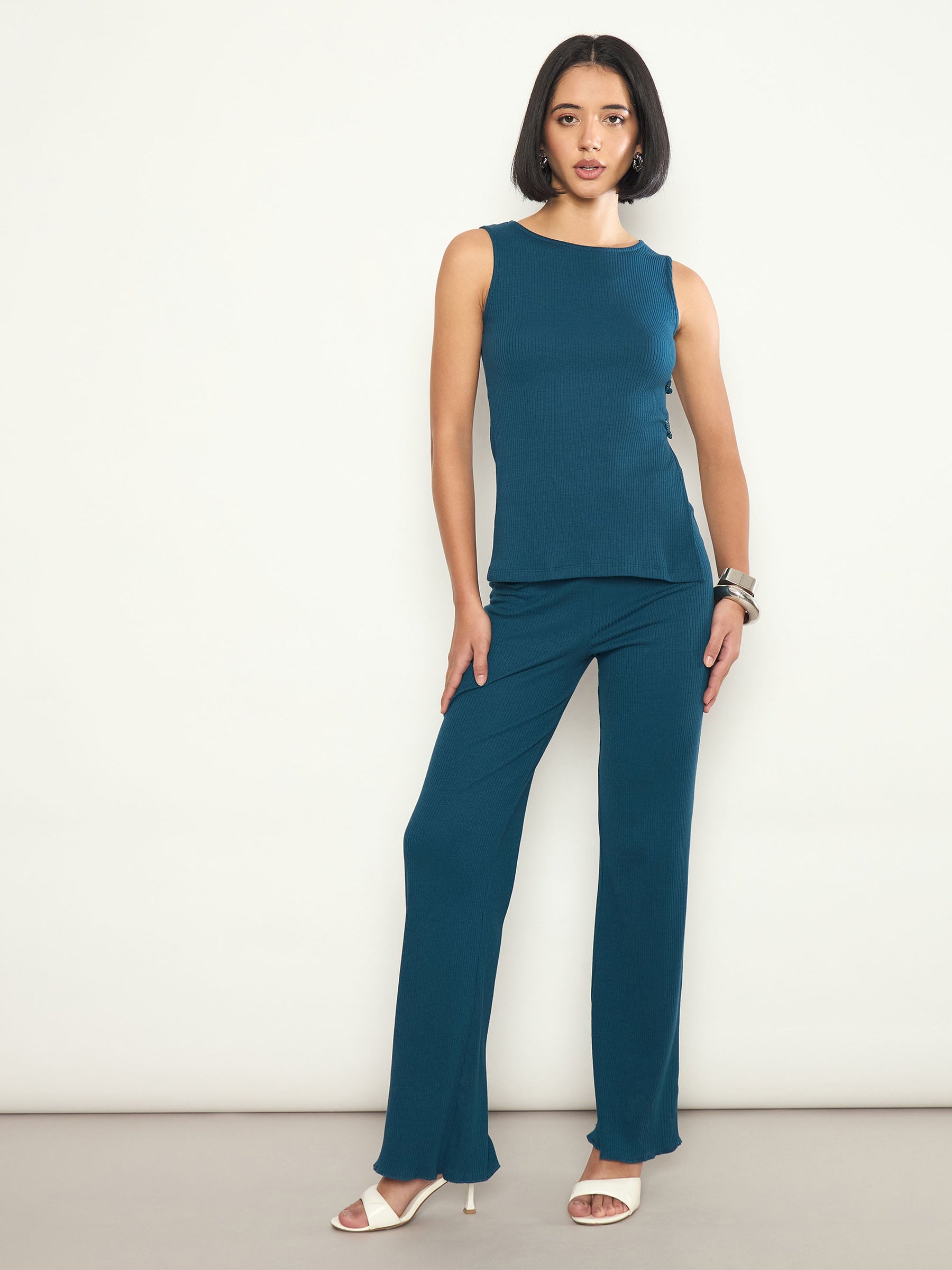 Teal Rib Sleeveless Side Slit Top With Elasticated Track Pants-SASSAFRAS