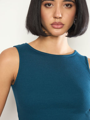 Teal Rib Sleeveless Side Slit Top With Elasticated Track Pants-SASSAFRAS