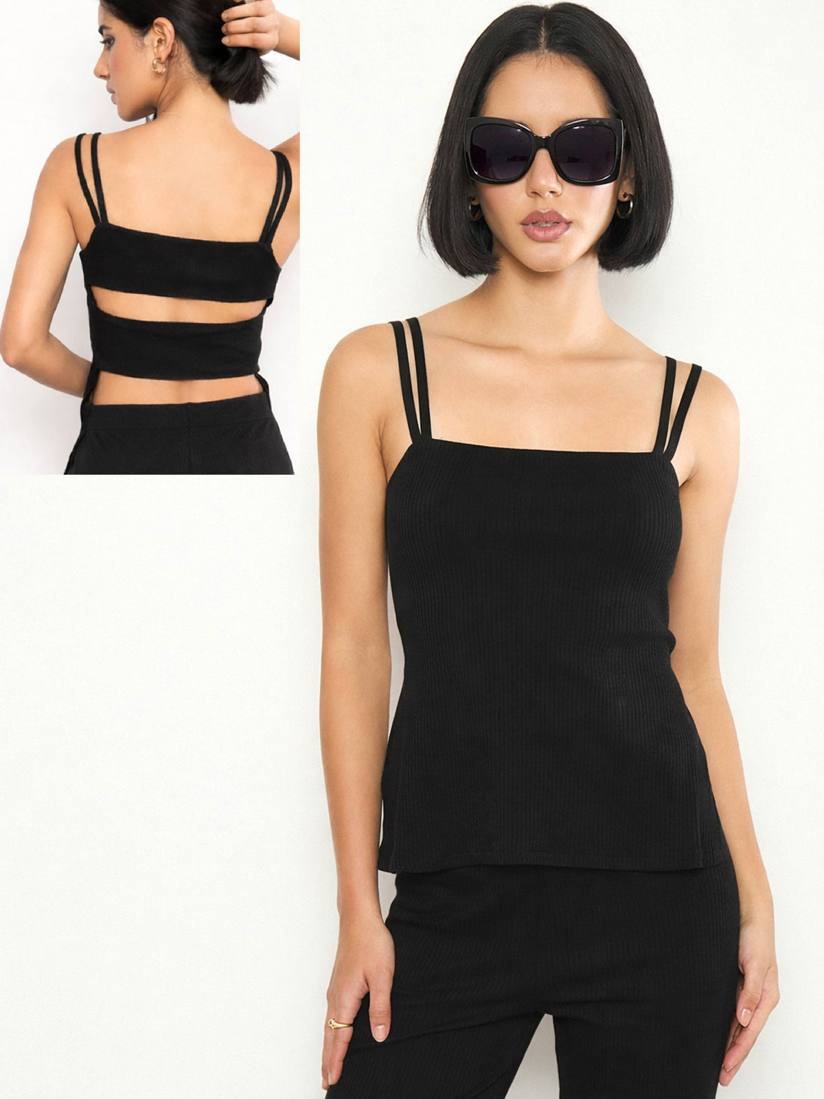 Black Rib Back Cut-Out Strappy Top-SASSAFRAS 