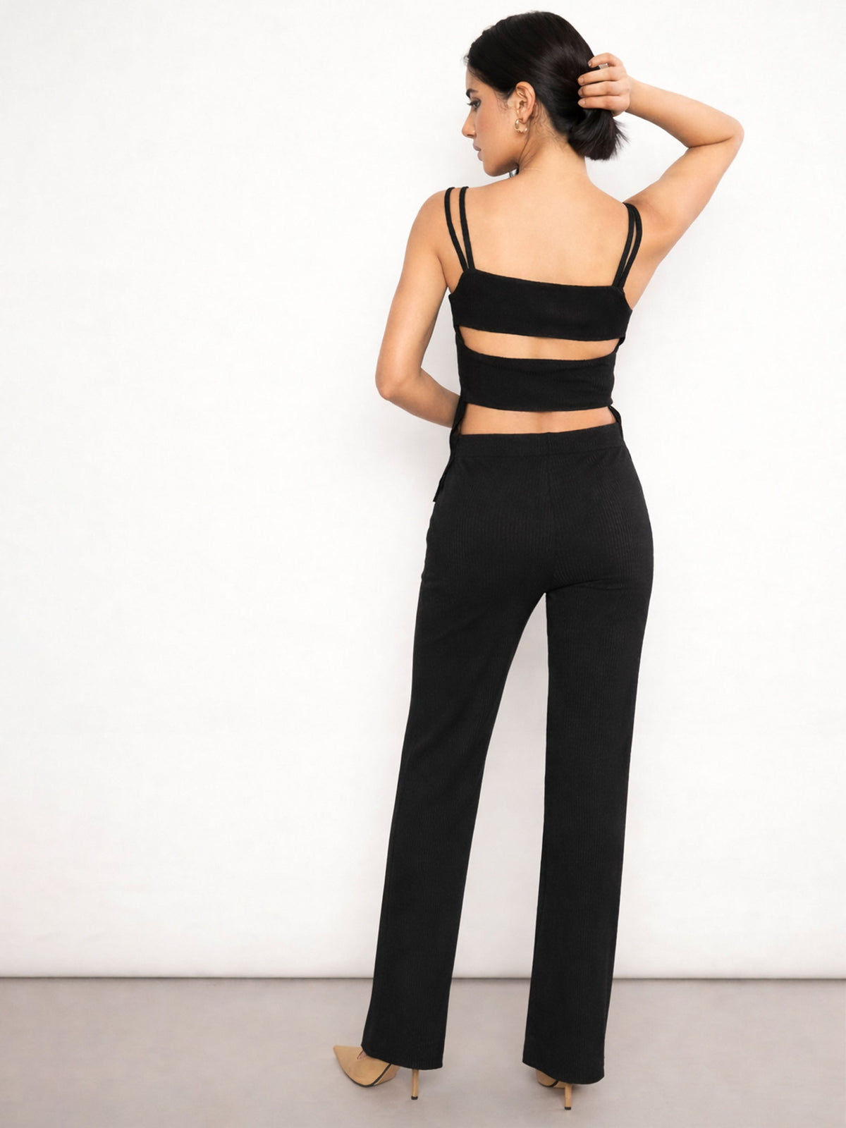 Black Rib Back Cut-Out Strappy Top With Elasticated Track Pants-SASSAFRAS