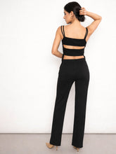 Black Rib Back Cut-Out Strappy Top With Elasticated Track Pants-SASSAFRAS