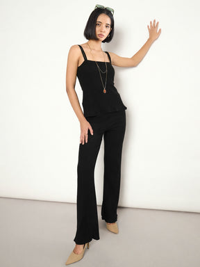 Black Rib Back Cut-Out Strappy Top With Elasticated Track Pants-SASSAFRAS