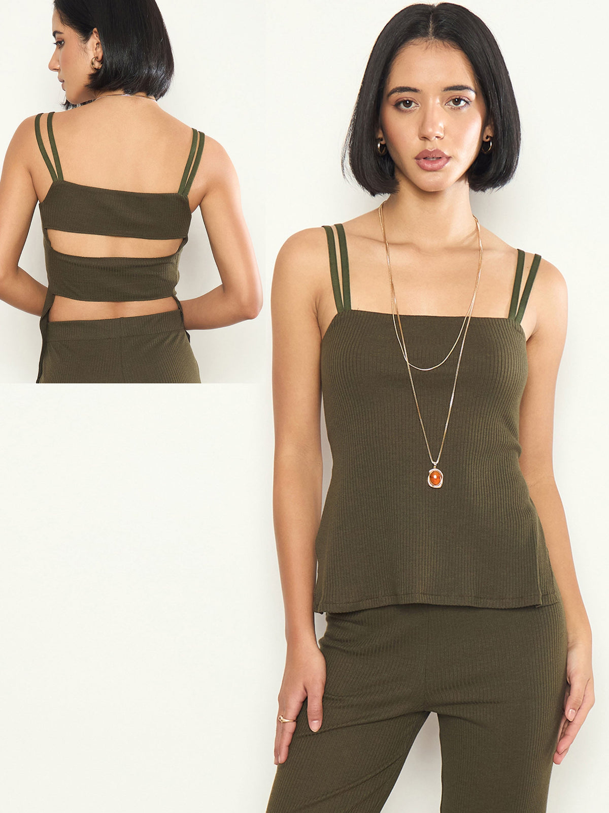 Olive Rib Back Cut-Out Strappy Top-SASSAFRAS 