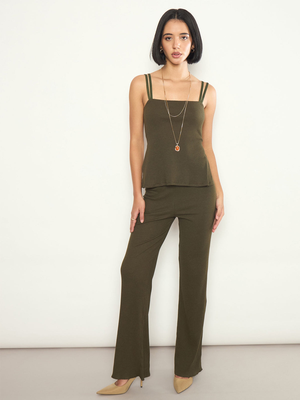 Olive Rib Back Cut-Out Strappy Top With Elasticated Track Pants-SASSAFRAS