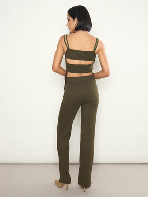 Women Olive Rib Back Cut-Out Strappy Top With Elasticated Track Pants