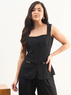 Black Rhombus Neck Sleeveless Front Button Top-SASSAFRAS worklyf
