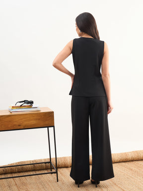 Black Rhombus Neck Front Button Top With Box Pleat Pants-SASSAFRAS worklyf