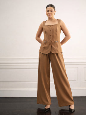 Tan Brown Rhombus Neck Front Button Top With Box Pleat Pants-SASSAFRAS worklyf
