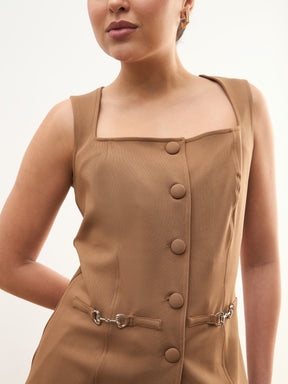Tan Brown Rhombus Neck Front Button Top With Box Pleat Pants-SASSAFRAS worklyf