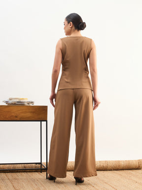 Tan Brown Rhombus Neck Front Button Top With Box Pleat Pants-SASSAFRAS worklyf