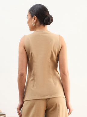 Beige Round Neck Front Zipper Top-SASSAFRAS worklyf