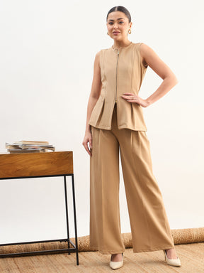 Beige Round Neck Front Zipper Top With Dual Dart Pant-SASSAFRAS worklyf