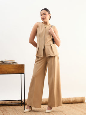 Beige Round Neck Front Zipper Top With Dual Dart Pant-SASSAFRAS worklyf