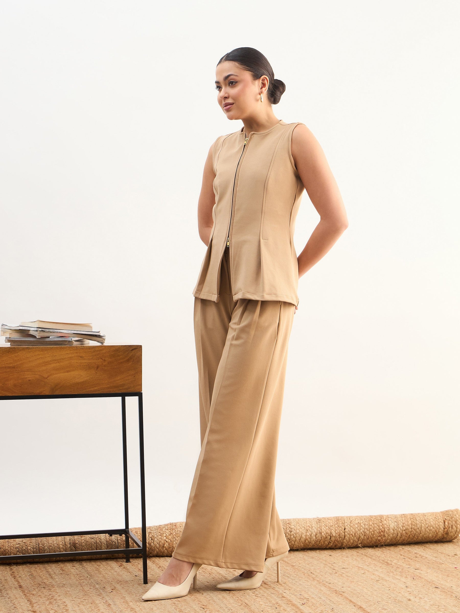 Beige Round Neck Front Zipper Top With Dual Dart Pant-SASSAFRAS worklyf