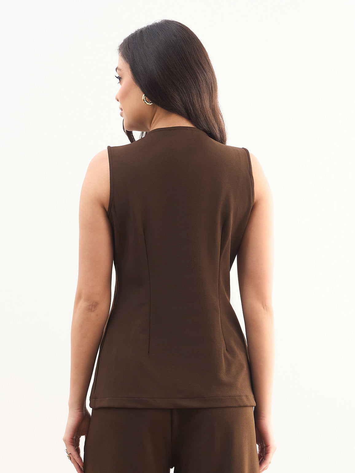 Coffee Brown Round Neck Front Zipper Top-SASSAFRAS worklyf