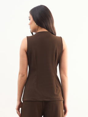 Coffee Brown Round Neck Front Zipper Top-SASSAFRAS worklyf