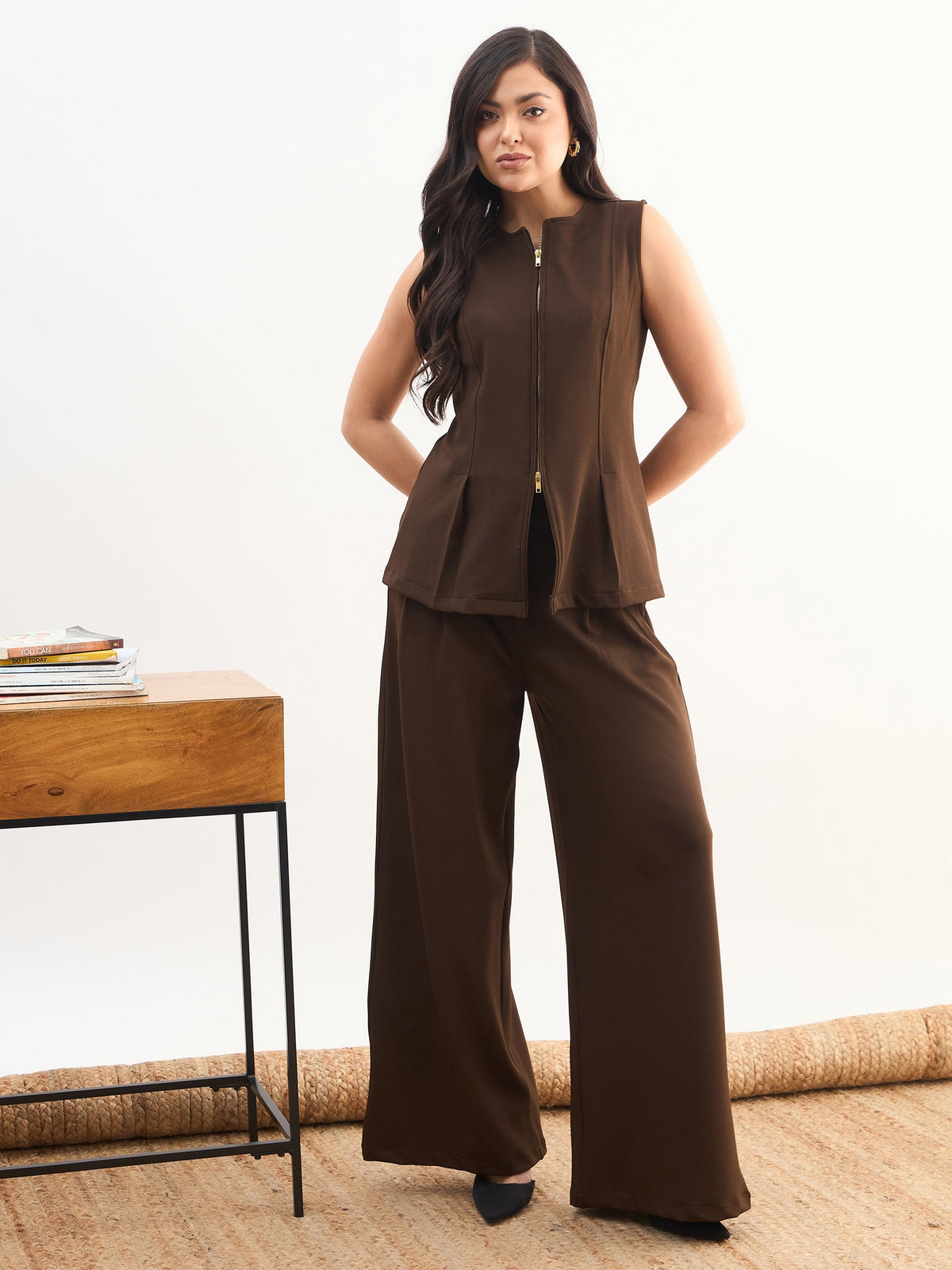Coffee Brown Round Neck Front Zipper Top With Dual Dart Pant-SASSAFRAS worklyf