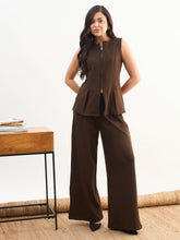 Coffee Brown Round Neck Front Zipper Top With Dual Dart Pant-SASSAFRAS worklyf