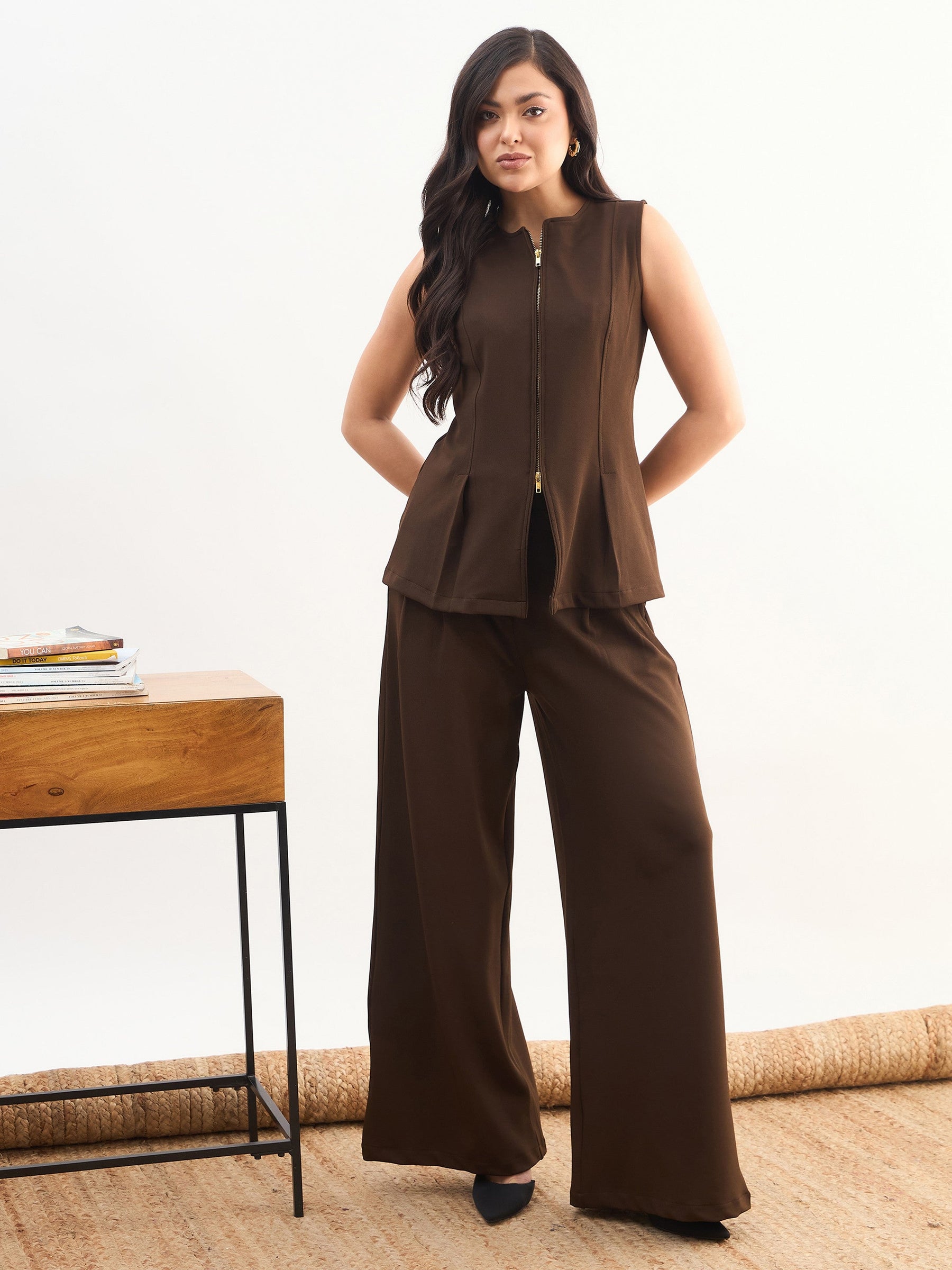 Coffee Brown Round Neck Front Zipper Top With Dual Dart Pant-SASSAFRAS worklyf