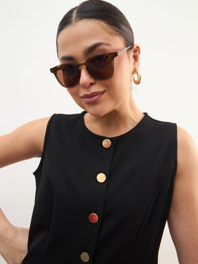 Black Round Neck Sleeveless Front Button Vest-SASSAFRAS worklyf