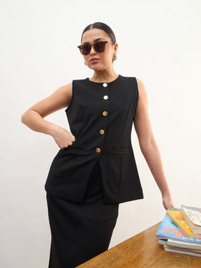Black Round Neck Vest Top With Front Slit Midi Skirt-SASSAFRAS worklyf