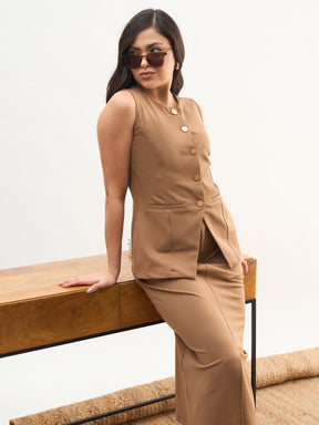 Tan Brown Round Neck Vest Top With Front Slit Midi Skirt-SASSAFRAS worklyf