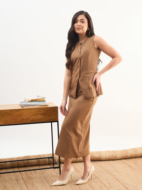 Tan Brown Round Neck Vest Top With Front Slit Midi Skirt-SASSAFRAS worklyf