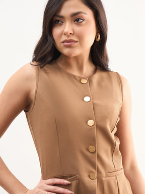 Tan Brown Round Neck Vest Top With Front Slit Midi Skirt-SASSAFRAS worklyf
