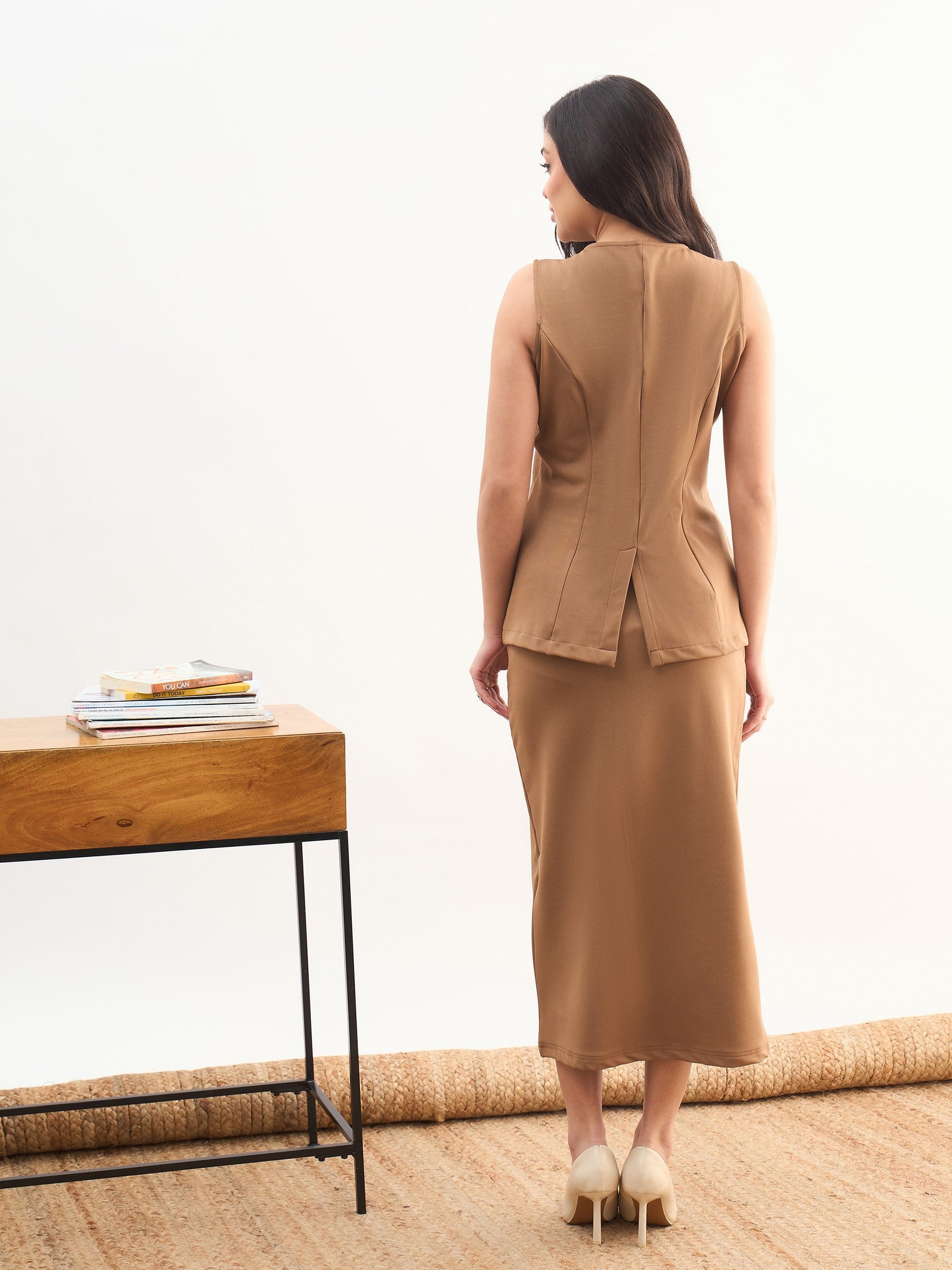 Tan Brown Round Neck Vest Top With Front Slit Midi Skirt-SASSAFRAS worklyf