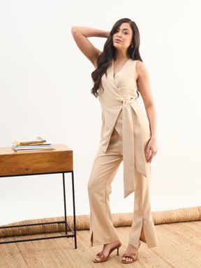 Beige V Neck Tie Up Top With Front Slit Bellbottom Pant-SASSAFRAS worklyf