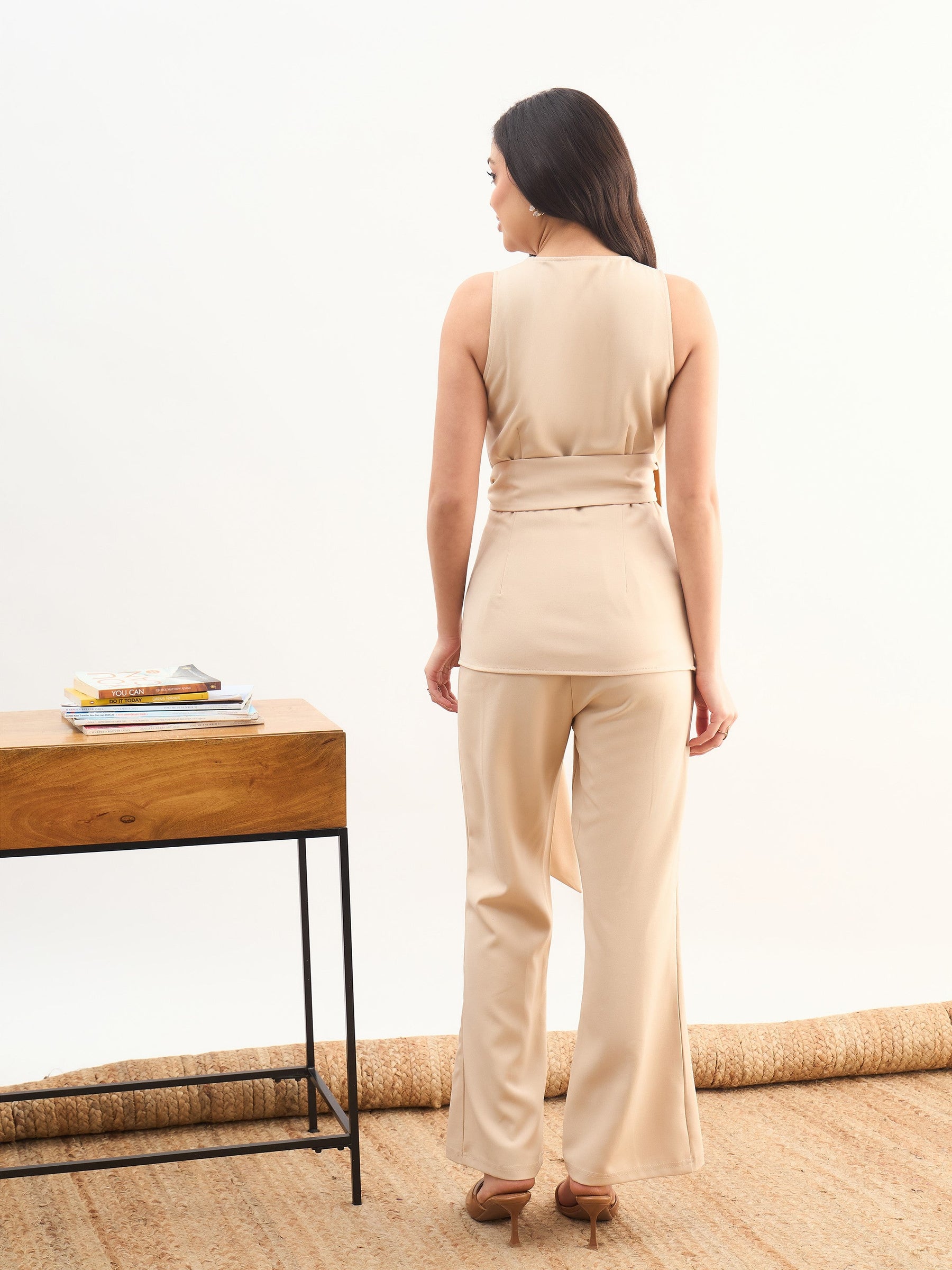Beige V Neck Tie Up Top With Front Slit Bellbottom Pant-SASSAFRAS worklyf