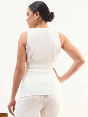 White V Neck Sleeveless Tie Up Closure Top-SASSAFRAS worklyf