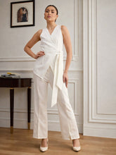 White V Neck Tie Up Top With Front Slit Bellbottom Pant-SASSAFRAS worklyf