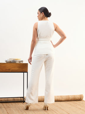 White V Neck Tie Up Top With Front Slit Bellbottom Pant-SASSAFRAS worklyf